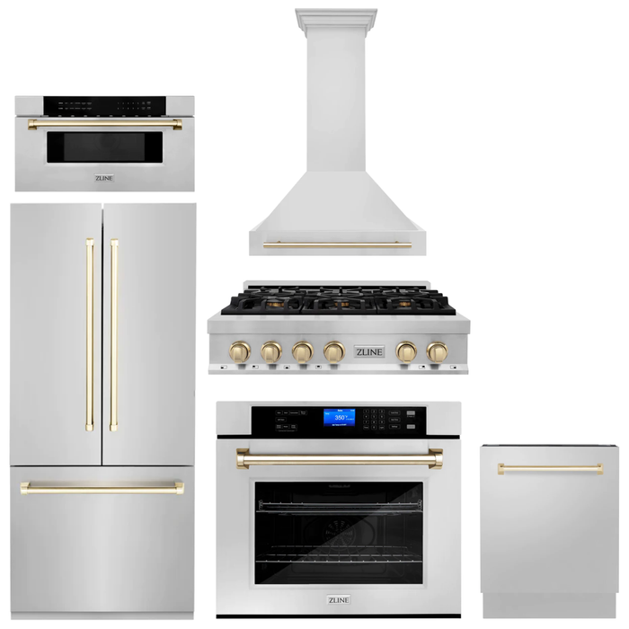 ZLINE Autograph Gold Package - 36" Rangetop, 36" Range Hood, Dishwasher, Built-In Refrigerator, Microwave Drawer, Wall Oven