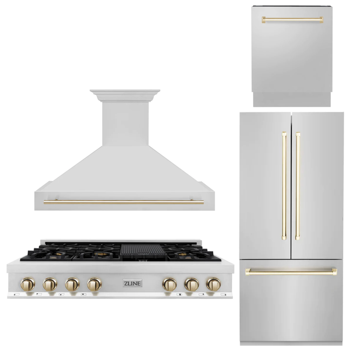 ZLINE Autograph Gold Package - 48 in. Rangetop, 48 in. Range Hood, Dishwasher, Built-In Refrigerator