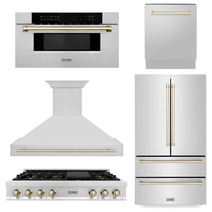 ZLINE Autograph Gold Package - 48 in. Rangetop, 48 in. Range Hood, Dishwasher, Refrigerator, Microwave Drawer