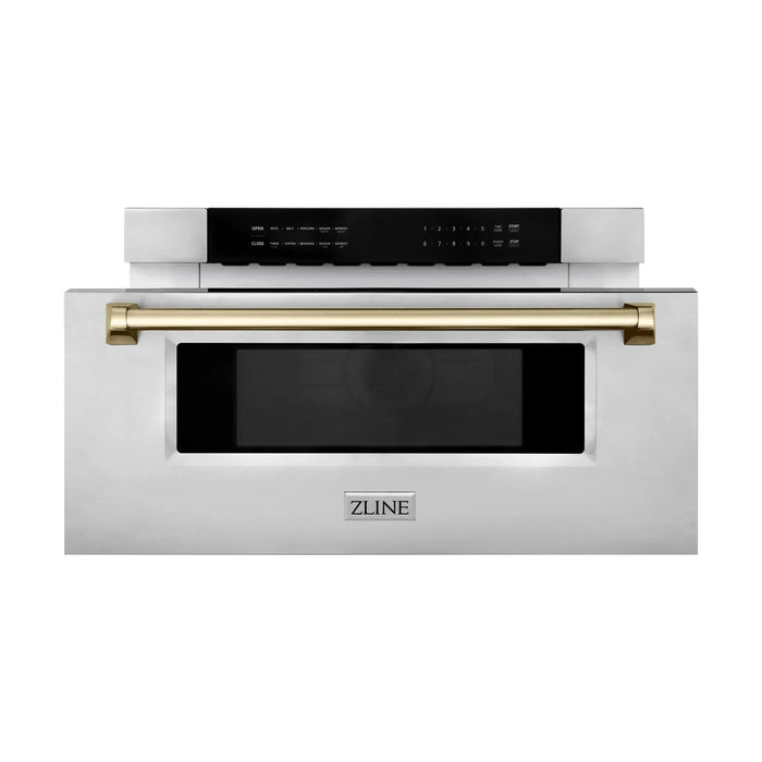 ZLINE Autograph Gold Package - 48 in. Rangetop, 48 in. Range Hood, Dishwasher, Refrigerator, Microwave Drawer