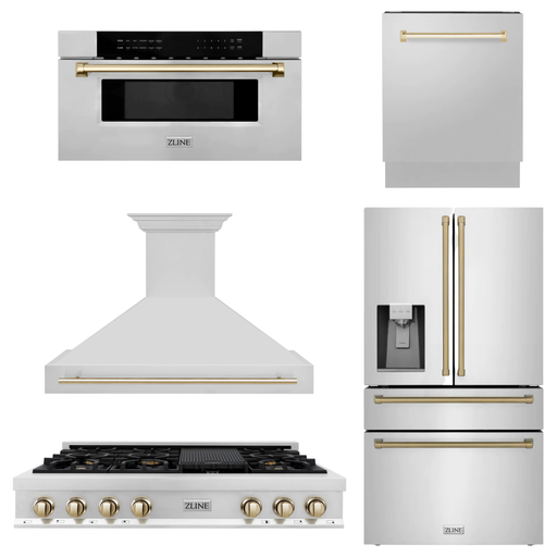 ZLINE Autograph Gold Package - 48 in. Rangetop, 48 in. Range Hood, Dishwasher, Refrigerator with External Water and Ice Dispenser, Microwave Drawer