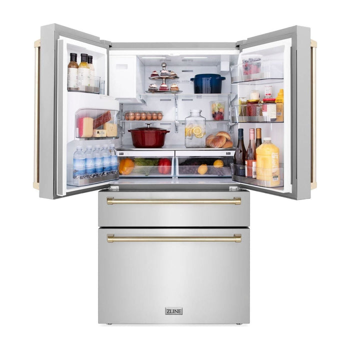 ZLINE Autograph Gold Package - 48 in. Rangetop, 48 in. Range Hood, Dishwasher, Refrigerator with External Water and Ice Dispenser, Microwave Drawer