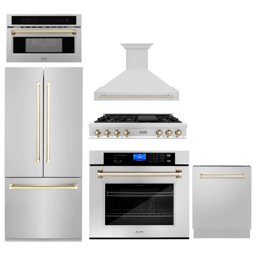 ZLINE Autograph Gold Package - 48 in. Rangetop, 48" Range Hood, Dishwasher, Built-In Refrigerator, Microwave Oven, Wall Oven