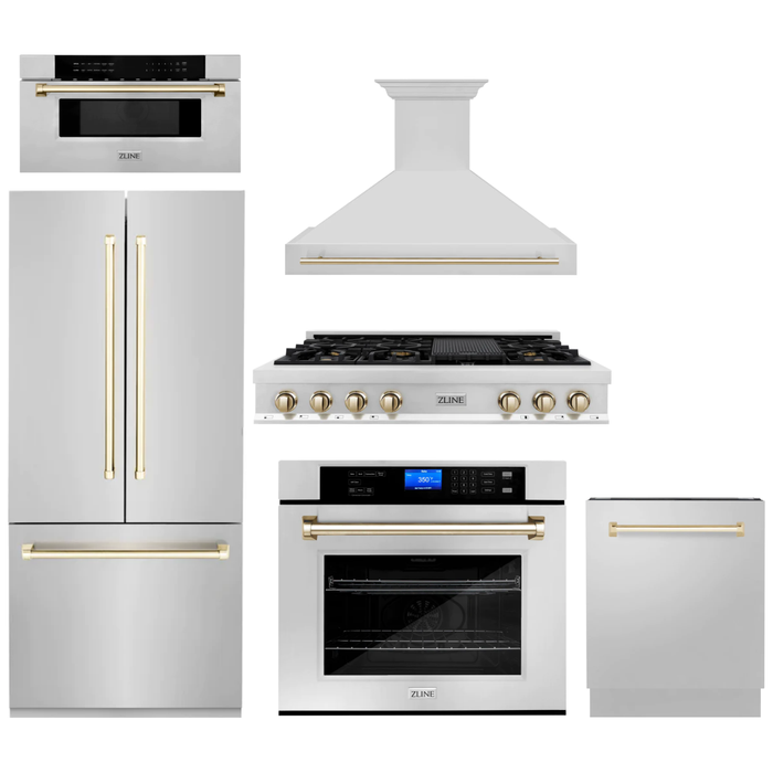 ZLINE Autograph Gold Package - 48" Rangetop, 48" Range Hood, Dishwasher, Built-In Refrigerator, Microwave Drawer, Wall Oven