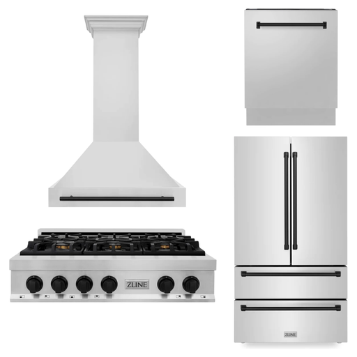 ZLINE Autograph Matte Black Package - 36 in. Rangetop, 36 in. Range Hood, Dishwasher, Refrigerator