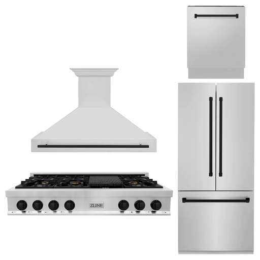 ZLINE Autograph Matte Black Package - 48 in. Rangetop, 48 in. Range Hood, Dishwasher, Built-In Refrigerator