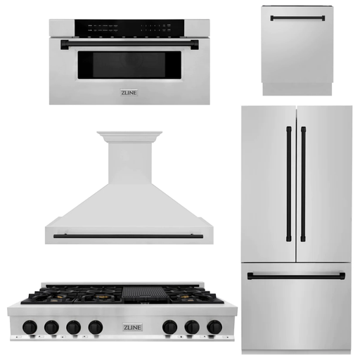 ZLINE Autograph Matte Black Package - 48 in. Rangetop, 48 in. Range Hood, Dishwasher, Built-In Refrigerator, Microwave Drawer