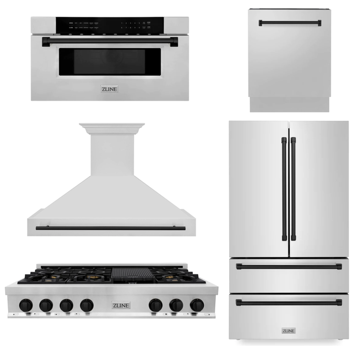 ZLINE Autograph Matte Black Package - 48 in. Rangetop, 48 in. Range Hood, Dishwasher, Refrigerator, Microwave Drawer