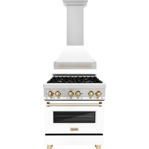 ZLINE Autograph Package - 30 In. Dual Fuel Range and Range Hood in Stainless Steel with White Matte Door and Gold Accents, 2AKP-RAWMRH30-G