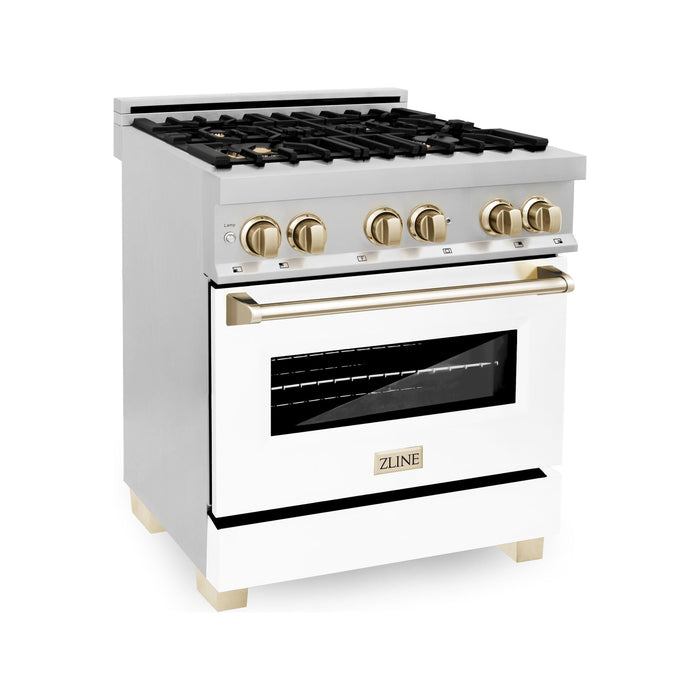 ZLINE Autograph Package - 30 In. Dual Fuel Range and Range Hood in Stainless Steel with White Matte Door and Gold Accents, 2AKP-RAWMRH30-G