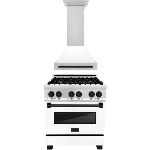 ZLINE Autograph Package - 30 In. Dual Fuel Range and Range Hood in Stainless Steel with White Matte Door and Matte Black Accents, 2AKP-RAWMRH30-MB