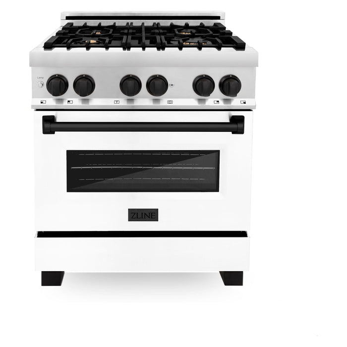 ZLINE Autograph Package - 30 In. Dual Fuel Range and Range Hood in Stainless Steel with White Matte Door and Matte Black Accents, 2AKP-RAWMRH30-MB