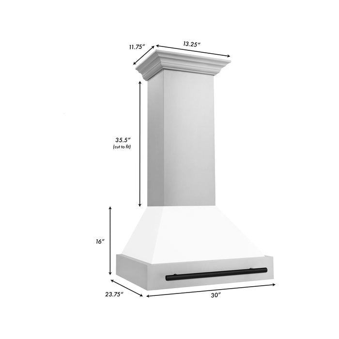 ZLINE Autograph Package - 30 In. Dual Fuel Range and Range Hood in Stainless Steel with White Matte Door and Matte Black Accents, 2AKP-RAWMRH30-MB