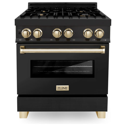 ZLINE Autograph Package - 30 In. Dual Fuel Range, Range Hood, and Dishwasher in Black Stainless Steel with Gold Accents, 3AKP-RABRHDWV30-G