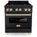 ZLINE Autograph Package - 30 In. Dual Fuel Range, Range Hood, and Dishwasher in Black Stainless Steel with Gold Accents, 3AKP-RABRHDWV30-G