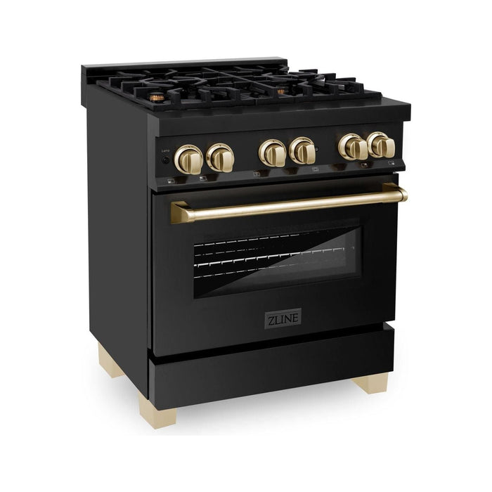 ZLINE Autograph Package - 30 In. Dual Fuel Range, Range Hood, and Dishwasher in Black Stainless Steel with Gold Accents, 3AKP-RABRHDWV30-G