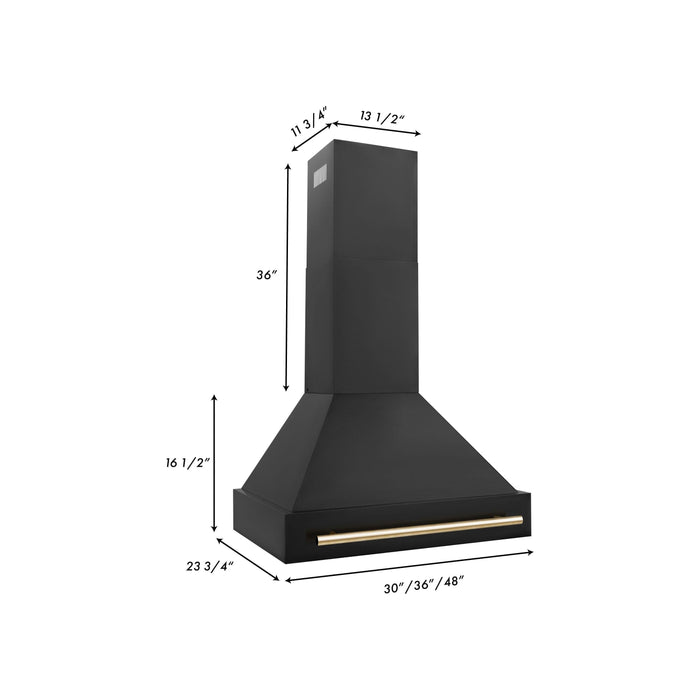 ZLINE Autograph Package - 30 In. Dual Fuel Range, Range Hood, and Dishwasher in Black Stainless Steel with Gold Accents, 3AKP-RABRHDWV30-G