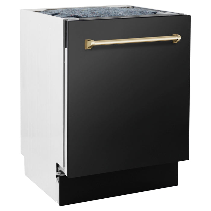 ZLINE Autograph Package - 30 In. Dual Fuel Range, Range Hood, and Dishwasher in Black Stainless Steel with Gold Accents, 3AKP-RABRHDWV30-G