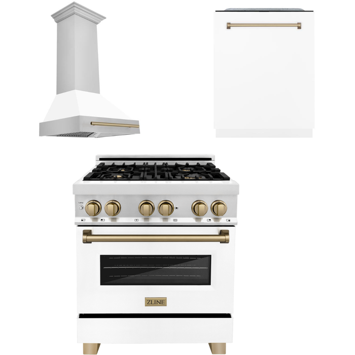 ZLINE Autograph Package - 30 In. Dual Fuel Range, Range Hood, and Dishwasher in Stainless Steel with White Matte Door and Champagne Bronze Accents, 3AKP-RAWMRHDWM30-CB