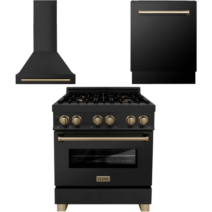 ZLINE Autograph Package - 30 In. Dual Fuel Range, Range Hood, Dishwasher in Black Stainless Steel with Champagne Bronze, 3AKP-RABRHDWV30-CB