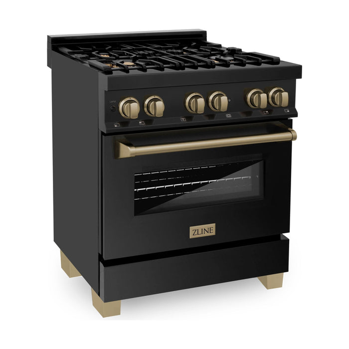 ZLINE Autograph Package - 30 In. Dual Fuel Range, Range Hood, Dishwasher in Black Stainless Steel with Champagne Bronze, 3AKP-RABRHDWV30-CB