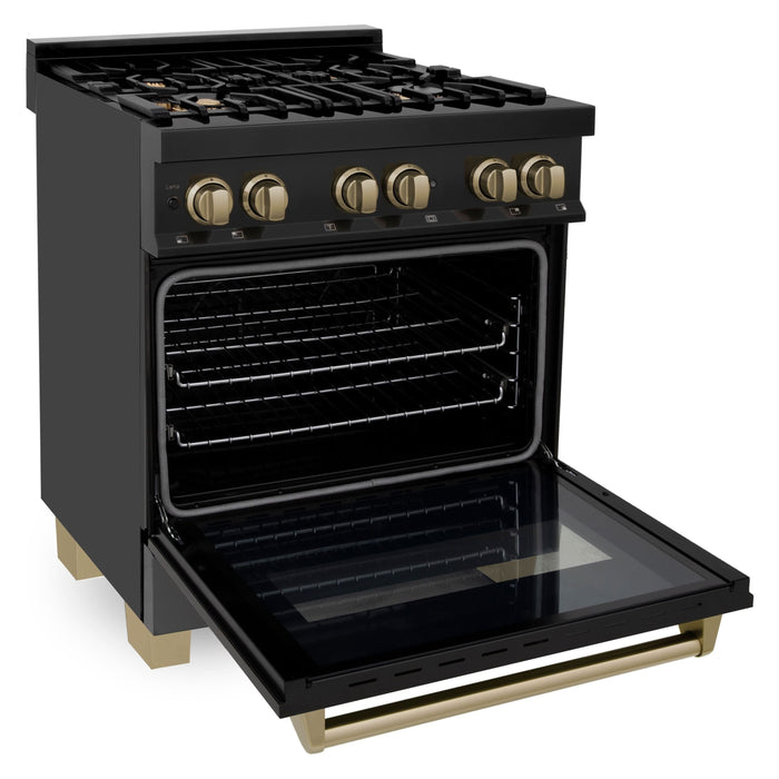 ZLINE Autograph Package - 30 In. Dual Fuel Range, Range Hood, Dishwasher in Black Stainless Steel with Champagne Bronze, 3AKP-RABRHDWV30-CB