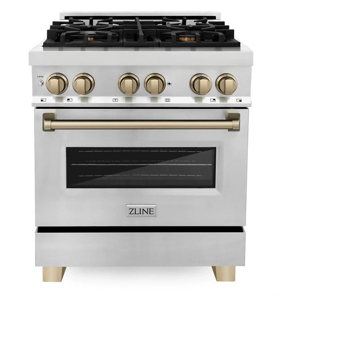 ZLINE Autograph Package - 30 In. Dual Fuel Range, Range Hood, Dishwasher in Stainless Steel with Champagne Bronze Accent, 3AKP-RARHDWM30-CB