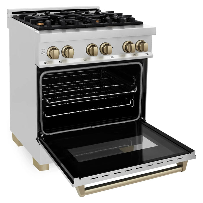 ZLINE Autograph Package - 30 In. Dual Fuel Range, Range Hood, Dishwasher in Stainless Steel with Champagne Bronze Accent, 3AKP-RARHDWM30-CB