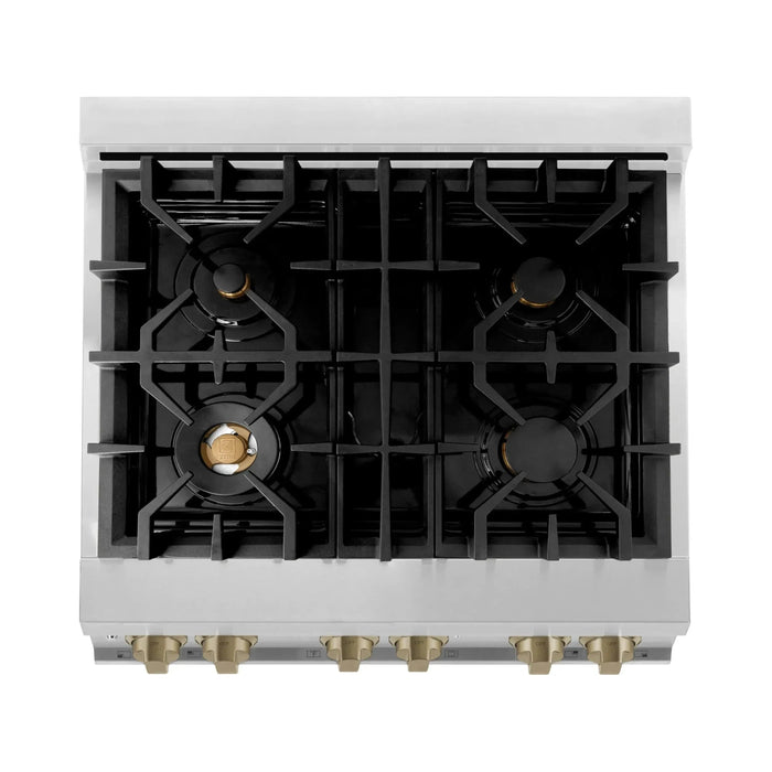 ZLINE Autograph Package - 30 In. Dual Fuel Range, Range Hood, Dishwasher in Stainless Steel with Champagne Bronze Accent, 3AKP-RARHDWM30-CB