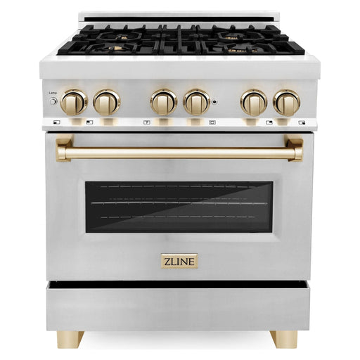 ZLINE Autograph Package - 30 In. Dual Fuel Range, Range Hood, Dishwasher in Stainless Steel with Gold Accents, 3AKP-RARHDWM30-G