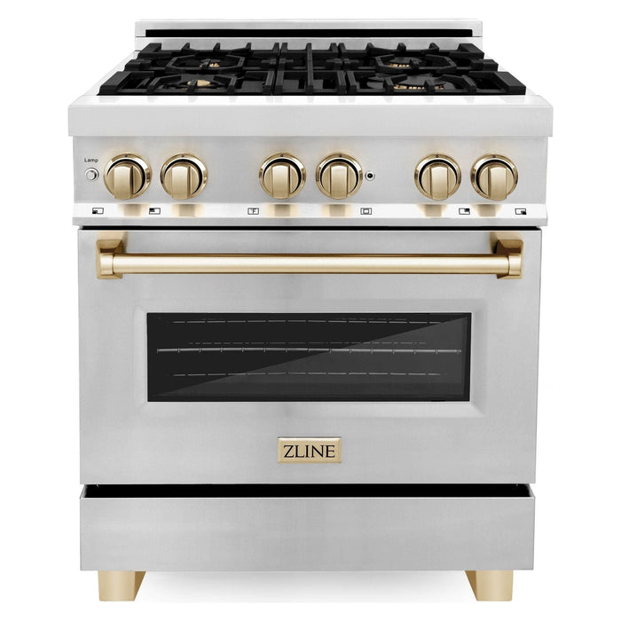 ZLINE Autograph Package - 30 In. Dual Fuel Range, Range Hood, Dishwasher in Stainless Steel with Gold Accents, 3AKP-RARHDWM30-G