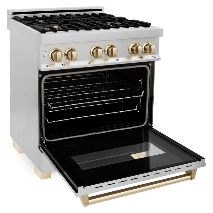 ZLINE Autograph Package - 30 In. Dual Fuel Range, Range Hood, Dishwasher in Stainless Steel with Gold Accents, 3AKP-RARHDWM30-G