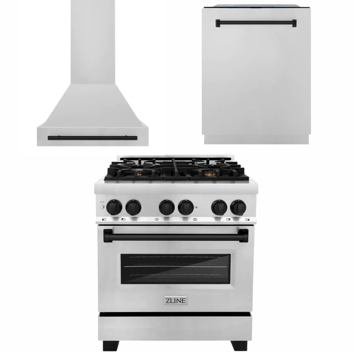 ZLINE Autograph Package - 30 In. Dual Fuel Range, Range Hood, Dishwasher in Stainless Steel with Matte Black Accents, 3AKP-RARHDWM30-MB