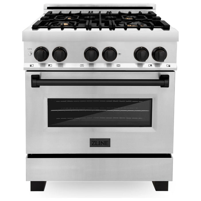 ZLINE Autograph Package - 30 In. Dual Fuel Range, Range Hood, Dishwasher in Stainless Steel with Matte Black Accents, 3AKP-RARHDWM30-MB