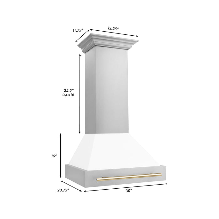 ZLINE Autograph Package - 30 In. Dual Fuel Range, Range Hood, Dishwasher in White Matte with Gold Accents, 3AKP-RAWMRHDWM30-G