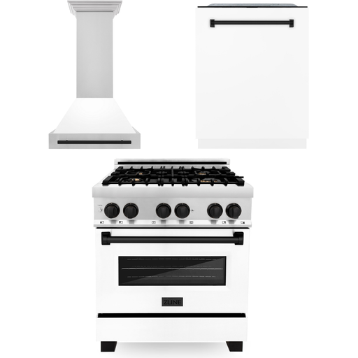 ZLINE Autograph Package - 30 In. Dual Fuel Range, Range Hood, Dishwasher in White Matte with Matte Black Accents, 3AKP-RAWMRHDWM30-MB