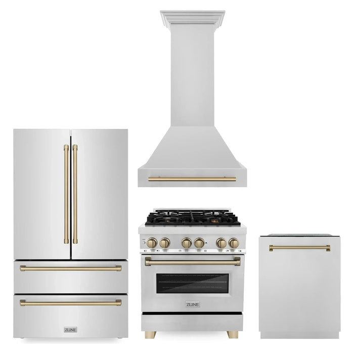 ZLINE Autograph Package - 30 In. Dual Fuel Range, Range Hood, Dishwasher, Refrigerator with Champagne Bronze Accents, 4KAPR-RARHDWM30-CB