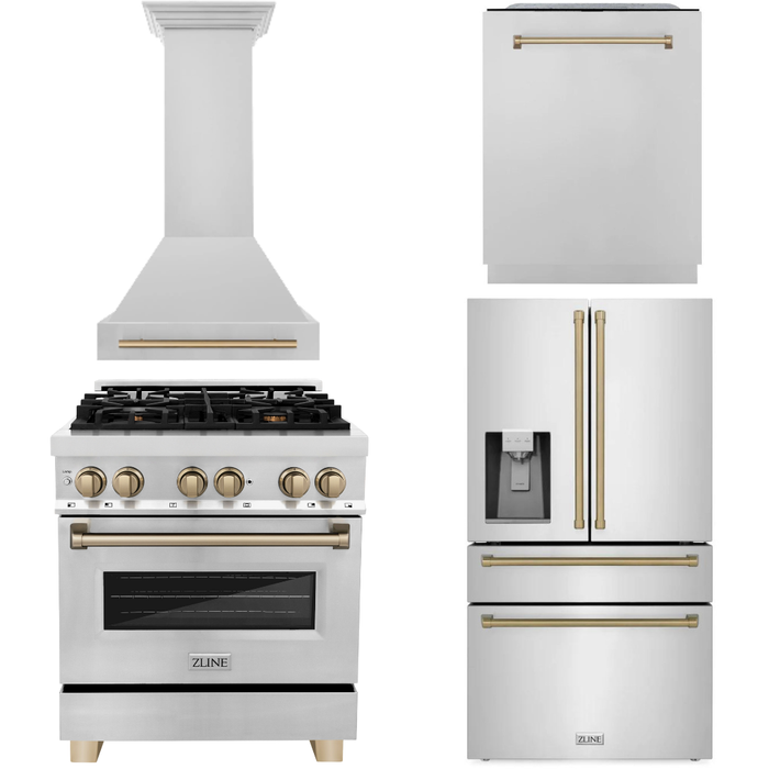 ZLINE Autograph Package - 30 In. Dual Fuel Range, Range Hood, Dishwasher, Refrigerator with Water and Ice Dispenser with Champagne Bronze Accents, 4AKPR-RARHDWM30-CB