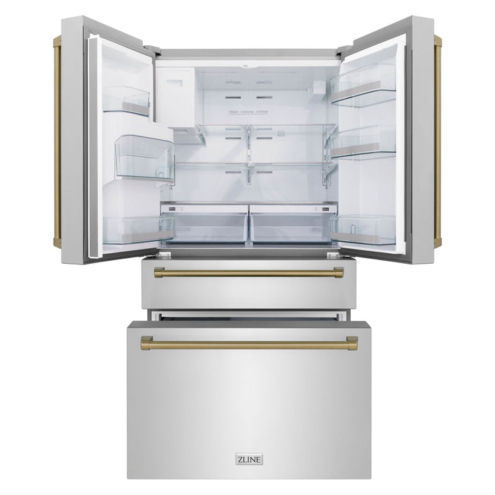 ZLINE Autograph Package - 30 In. Dual Fuel Range, Range Hood, Dishwasher, Refrigerator with Water and Ice Dispenser with Champagne Bronze Accents, 4AKPR-RARHDWM30-CB