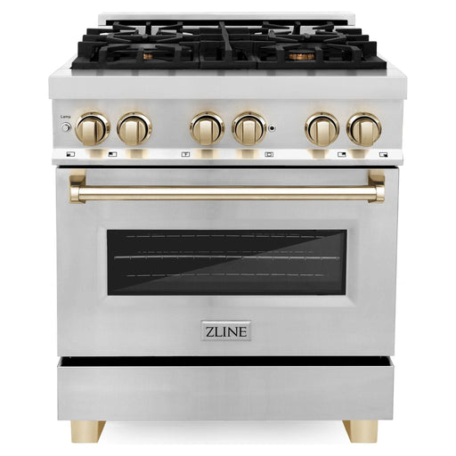 ZLINE Autograph Package - 30 In. Dual Fuel Range, Range Hood, Dishwasher, Refrigerator with Water and Ice Dispenser with Gold Accents, 4AKPR-RARHDWM30-G