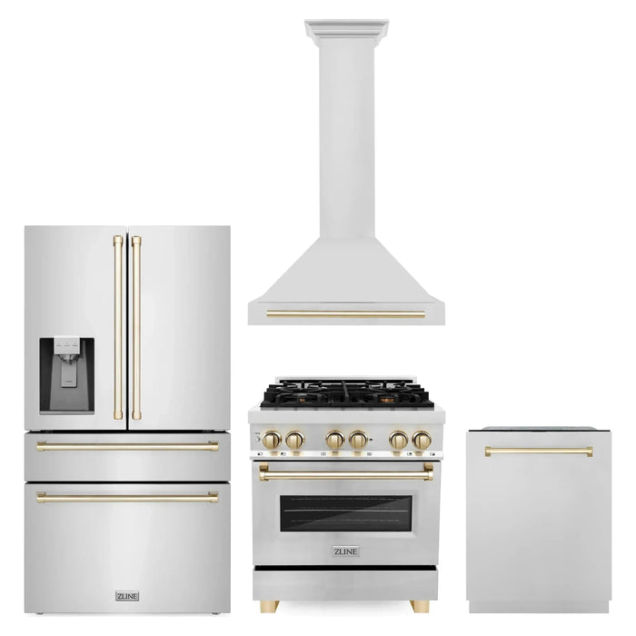 ZLINE Autograph Package - 30 In. Dual Fuel Range, Range Hood, Dishwasher, Refrigerator with Water and Ice Dispenser with Gold Accents, 4AKPR-RARHDWM30-G