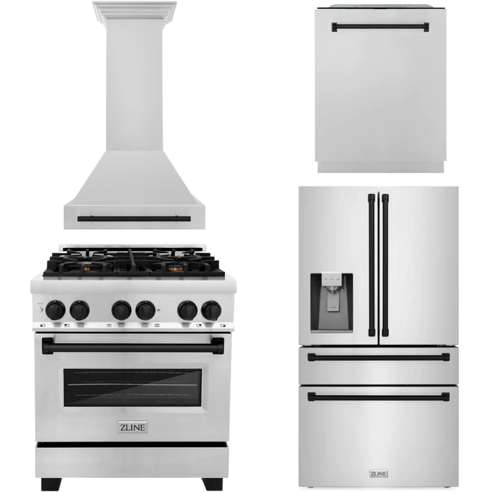 ZLINE Autograph Package - 30 In. Dual Fuel Range, Range Hood, Dishwasher, Refrigerator with Water and Ice Dispenser with Matte Black Accents, 4AKPR-RARHDWM30-MB