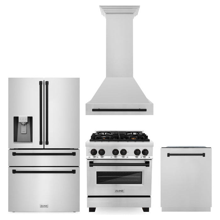 ZLINE Autograph Package - 30 In. Dual Fuel Range, Range Hood, Dishwasher, Refrigerator with Water and Ice Dispenser with Matte Black Accents, 4AKPR-RARHDWM30-MB