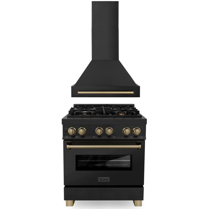 ZLINE Autograph Package - 30 In. Dual Fuel Range, Range Hood in Black Stainless Steel with Champagne Bronze Accents, 2AKP-RABRH30-CB