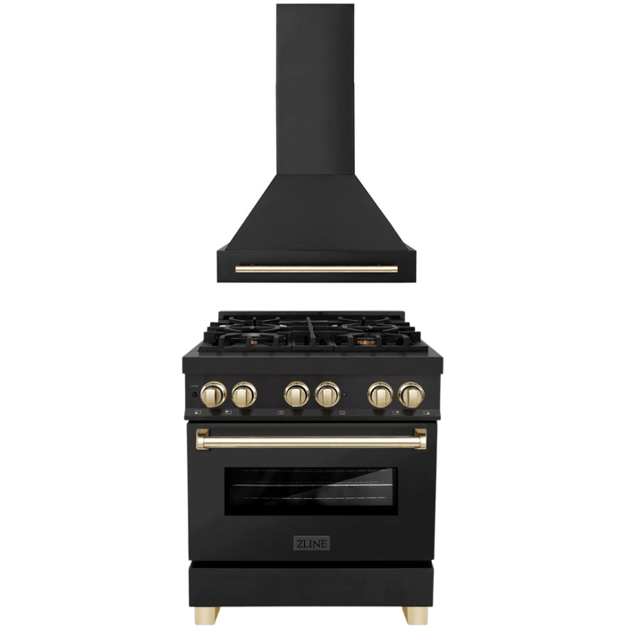 ZLINE Autograph Package - 30 In. Dual Fuel Range, Range Hood in Black Stainless Steel with Gold Accents, 2AKP-RABRH30-G