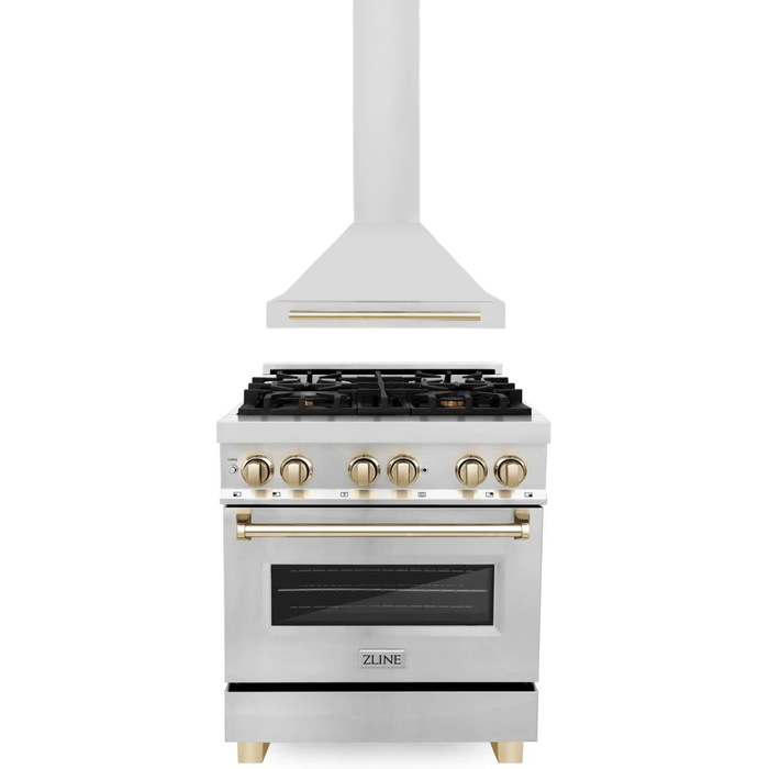 ZLINE Autograph Package - 30 In. Dual Fuel Range, Range Hood in Stainless Steel with Gold Accents, 2AKP-RARH30-G