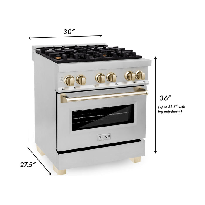 ZLINE Autograph Package - 30 In. Dual Fuel Range, Range Hood in Stainless Steel with Gold Accents, 2AKP-RARH30-G