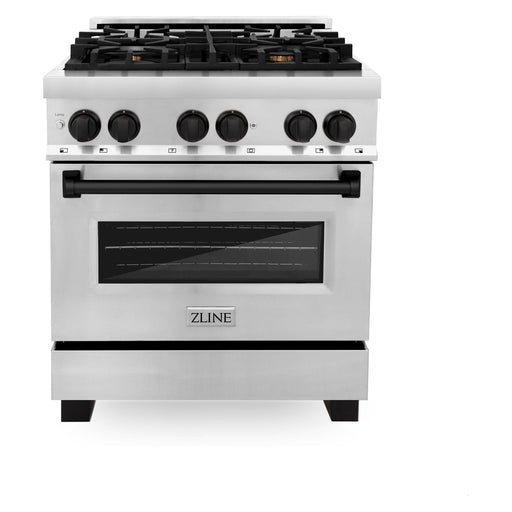 ZLINE Autograph Package - 30 In. Dual Fuel Range, Range Hood in Stainless Steel with Matte Black Accents, 2AKP-RARH30-MB