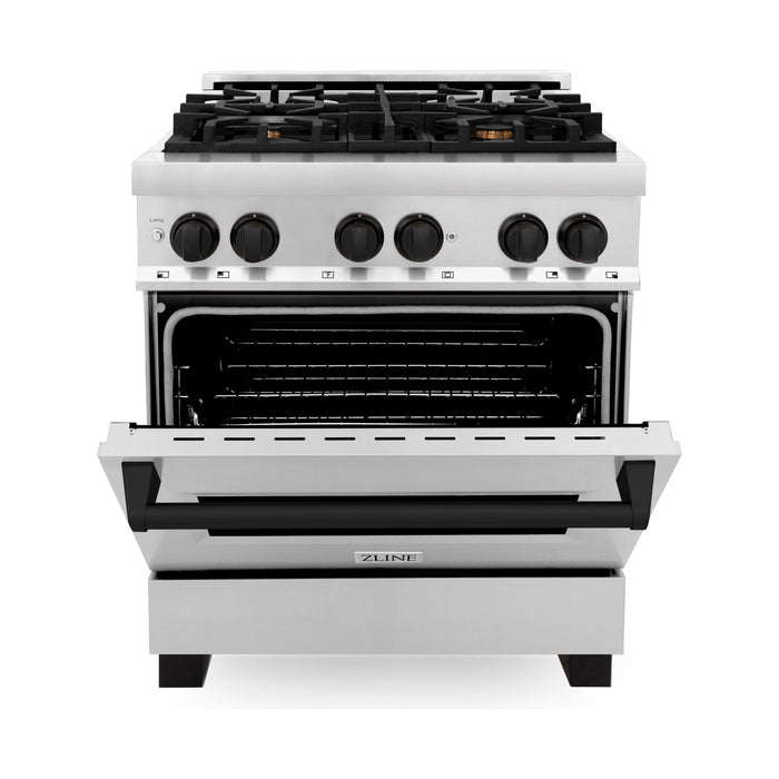 ZLINE Autograph Package - 30 In. Dual Fuel Range, Range Hood in Stainless Steel with Matte Black Accents, 2AKP-RARH30-MB