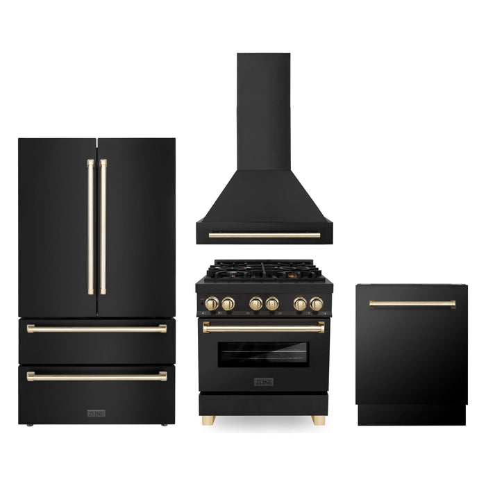 ZLINE Autograph Package - 30 In. Dual Fuel Range, Range Hood, Refrigerator, and Dishwasher in Black Stainless Steel with Gold Accents, 4AKPR-RABRHDWV30-G